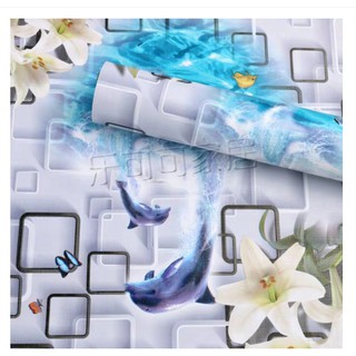 1 mét decal Giấy Dán Tường Cá heo hoa ly xanh - Khổ 45cm có  Keo Sẵn