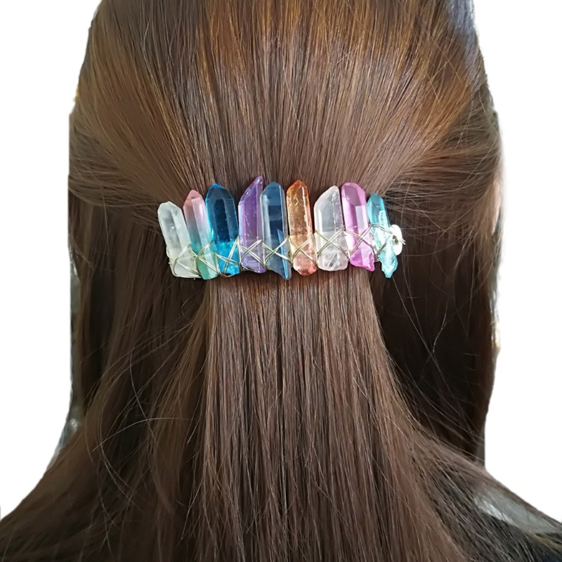Kẹp Tóc Dạng Lò Xo Bằng Đá Thạch Anh Màu Cầu Vồng Phong Cách Pháp Cổ Điển