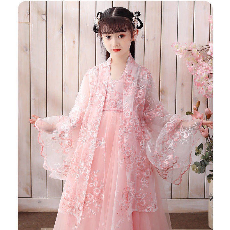 Hanfu cô gái cải thiện trang phục Hanfu trẻ em phù hợp với nữ mùa hè cuộn bột phong cách Trung Quốc Super Fairy Tiểu học