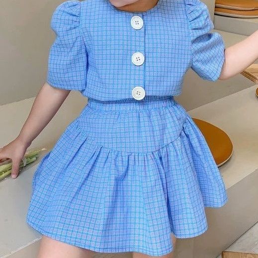 Set Áo Thun Ngắn Tay + Chân Váy Caro Thời Trang Cho Bé Gái