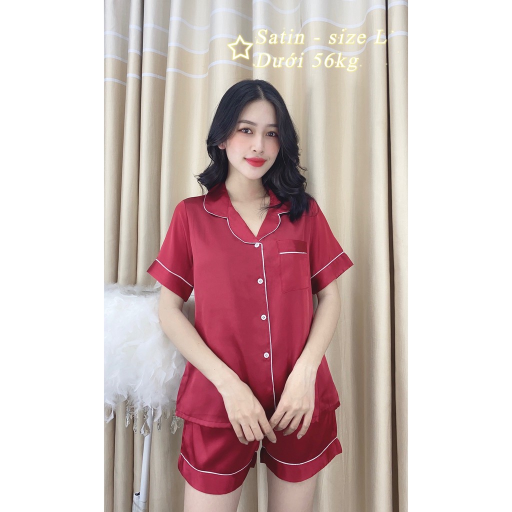 Bộ Đồ Pijama Lụa Bóng Nữ ♥ Set ngủ cộc tay mặc ở nhà phi bóng trơn màu Đỏ SIÊU HOT ♥ 💝 💝 Dưới 56kg