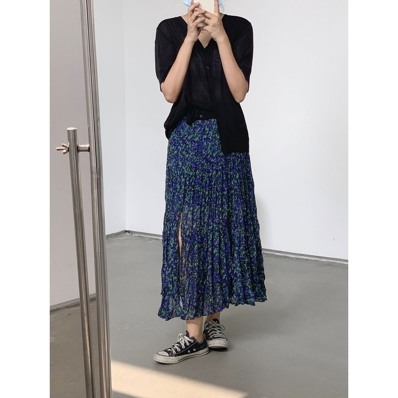 Chân Váy Chiffon Mỏng Dáng Chữ A Lưng Cao Xếp Ly In Họa Tiết Hoa Xinh Xắn Thời Trang Mùa Hè Cho Nữ