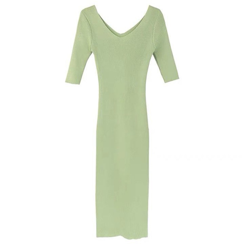 IELGY   Đầm Dệt Kim Mỏng Cổ Chữ v Màu Xanh Lá Thời Trang Cho Nữ