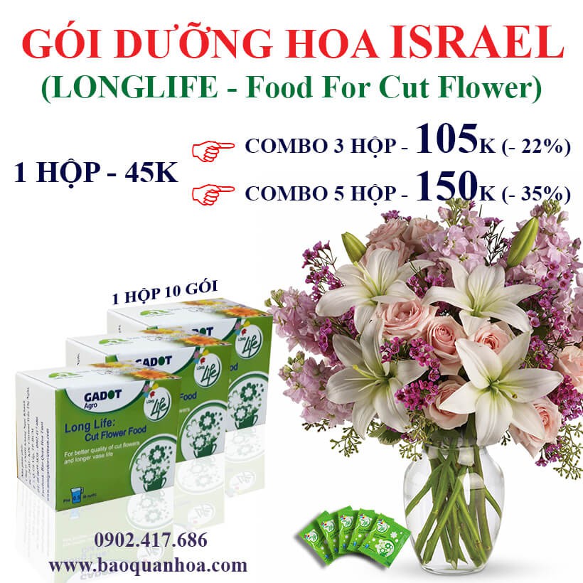 Nước cắm hoa lâu tàn Longlife nhập khẩu Israel dạng gói (SET 50 gói) giúp giữ hoa tươi gấp 2 lần và 14 ngày không cắt tỉ