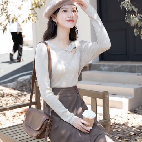 Áo dệt kim ZHELIHANGFEI tay dài dáng ôm thiết kế lỗ thời trang sang trọng dễ phối đồ cho nữ