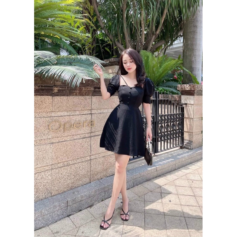 Đầm dự tiệc sang trọng, đầm tiểu thư cổ vuông tay phồng có cúp ngực dáng xòe nhẹ nhàng, dễ thương