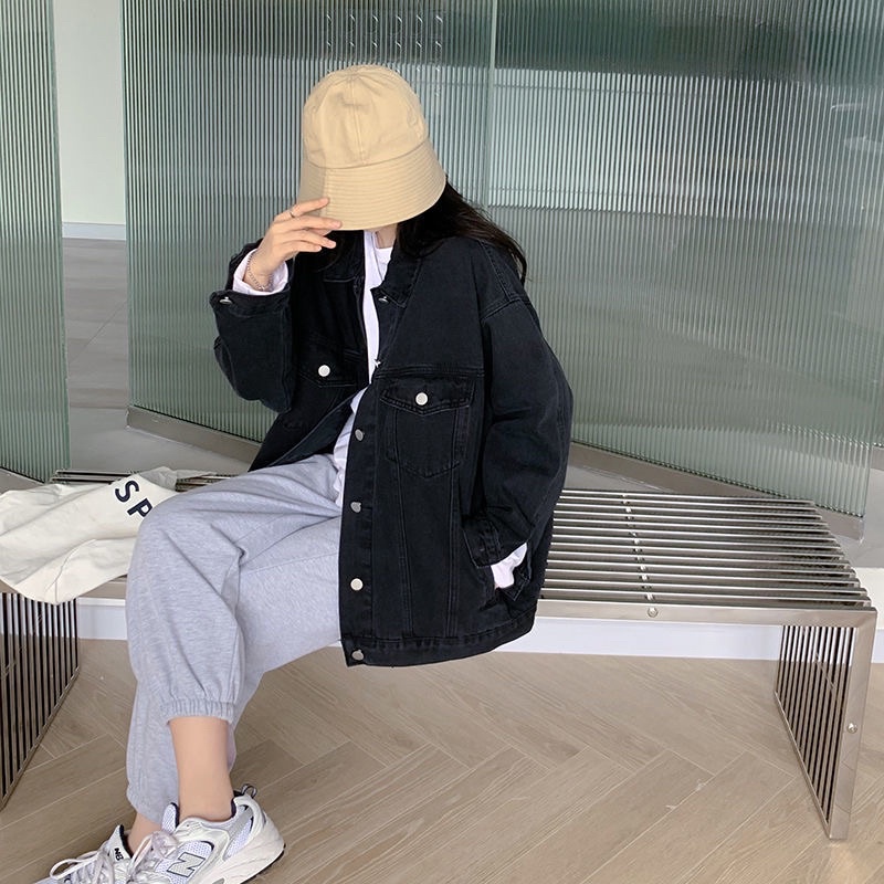 Áo Khoác Jean Dài Tay Màu Đen, Áo Denim Bò Có Cổ Cài Cúc Loại 1 Hàng Quảng Châu Phong Cách Ulzzang Cá Tính Basic