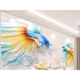 Tranh dán tường 3D đôi cá tài lộc phú quý DN29 (Có in theo yêu cầu)