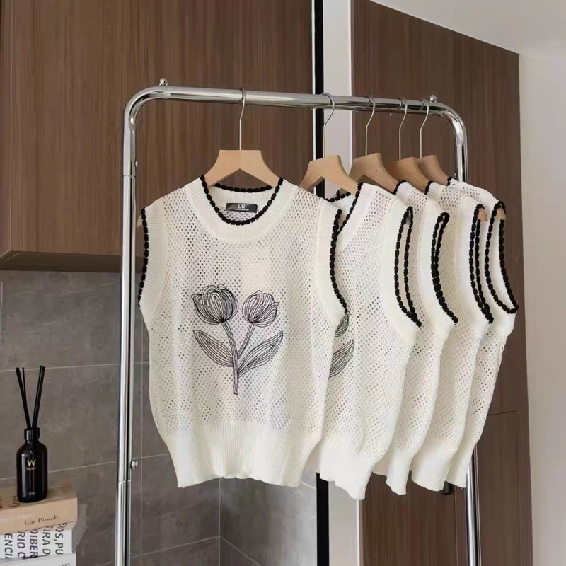 Áo len lưới mỏng sát nách hoa ngực, Áo kiểu ba lỗ mỏng mát AL6803 - NhiNhi Shop