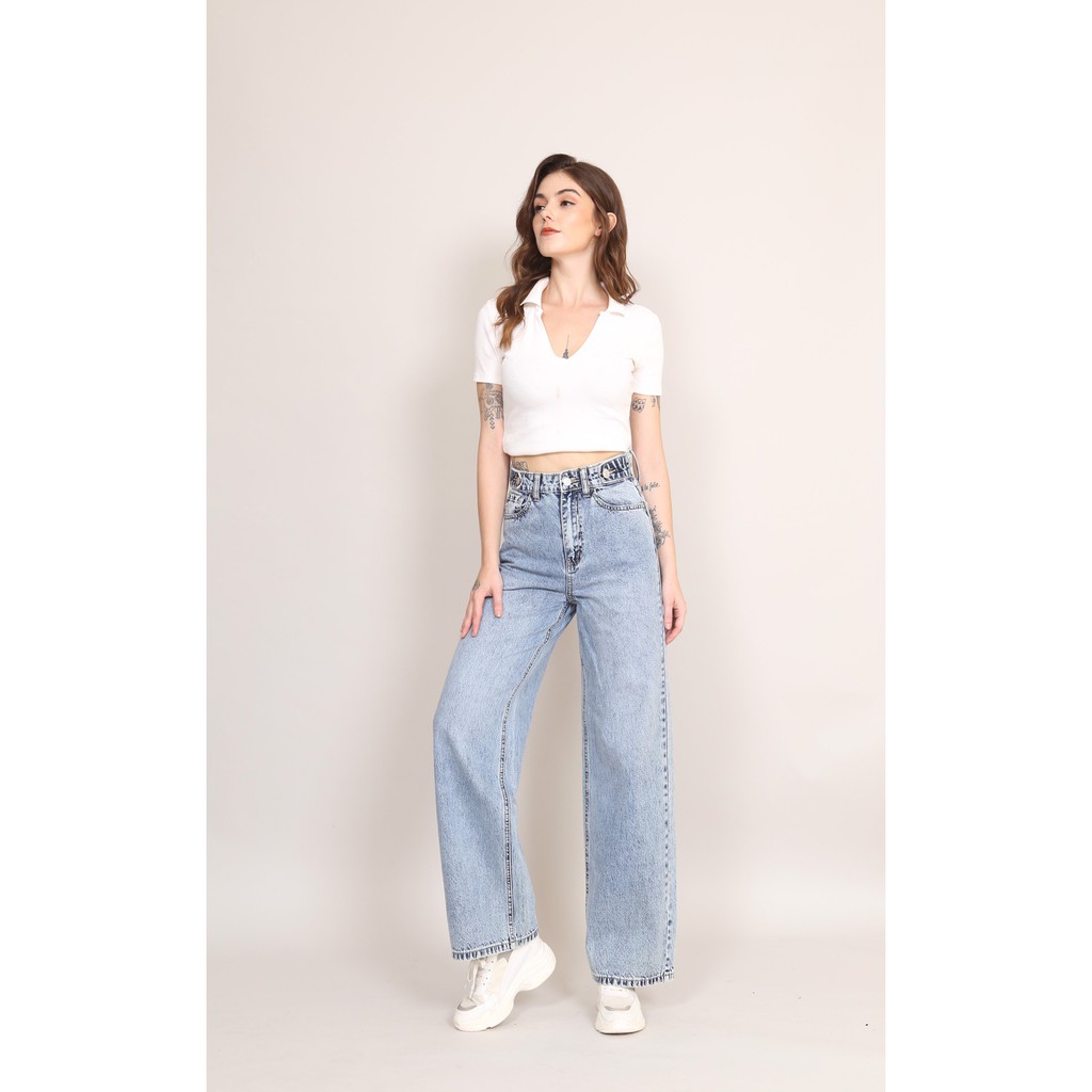 Quần Jeans Nữ Ống Rộng Lưng Cao Trơn Dáng Dài Co Giãn CT JEANS