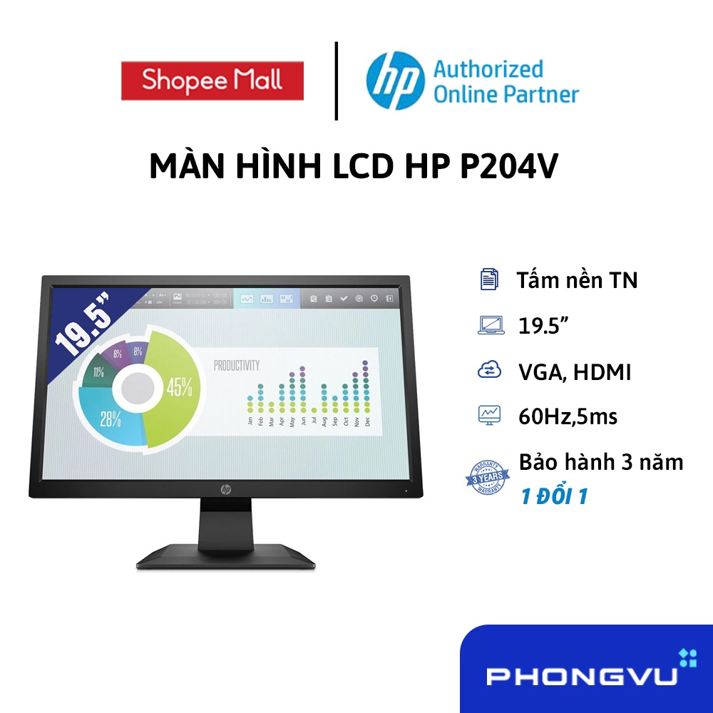 [LHP500 giảm 8% max 500K đơn từ 500K] - Màn hình LCD HP P204v (1440 x 900/TN/60Hz/5 ms) - Bảo hành 36 tháng