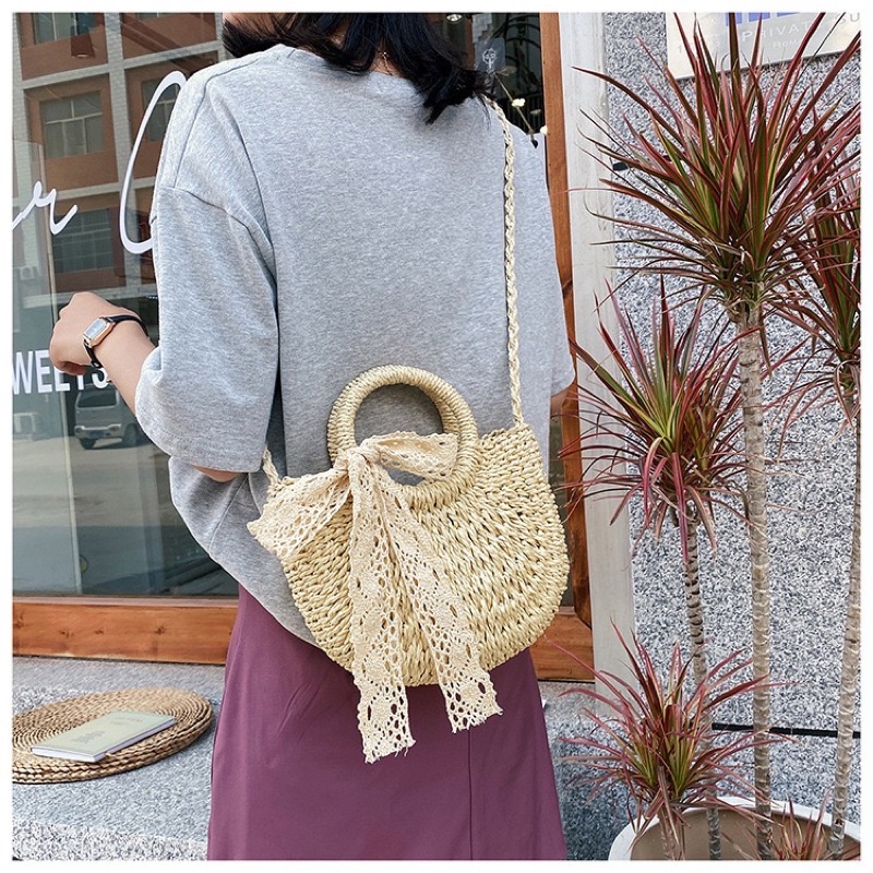 Túi Cói Bán Nguyệt Nơ Xinh Vintage