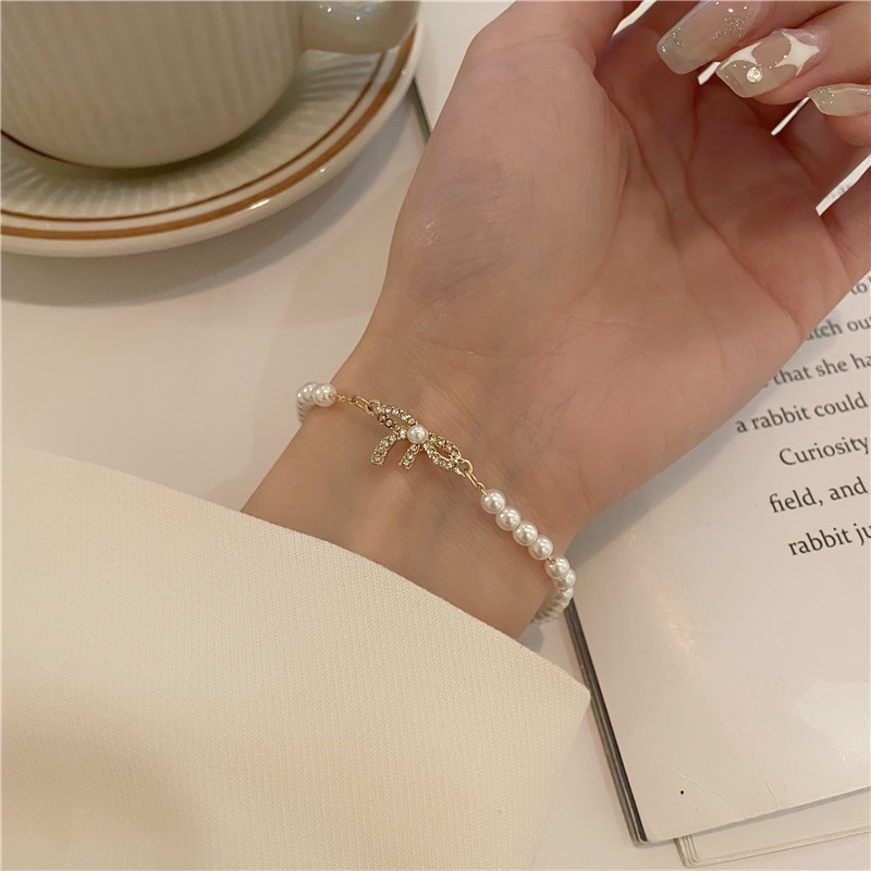 Vòng đeo tay đính đá ngọc trai hình nơ bằng hợp kim thời trang mùa hè 210807