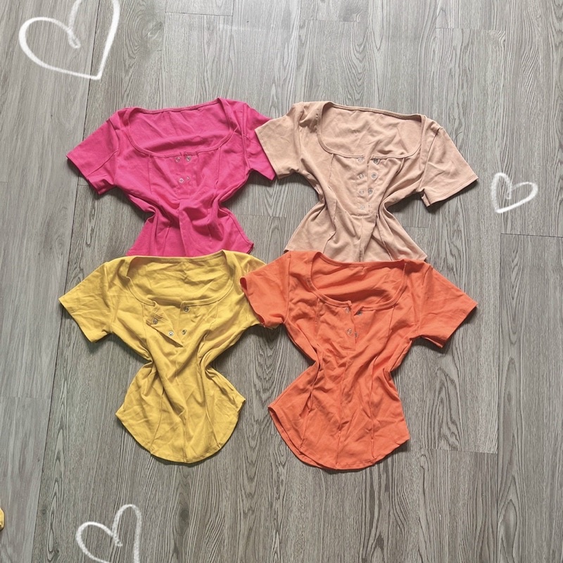 Áo thun borip núc bấm chiết eo tay ngắn