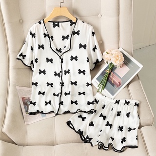 Bộ Đồ Mặc Nhà Pijama Nơ Quảng Châu cao cấp mẫu 2021 , bộ ngủ cộc tay hình nơ quần đùi lụa  kenshop0602