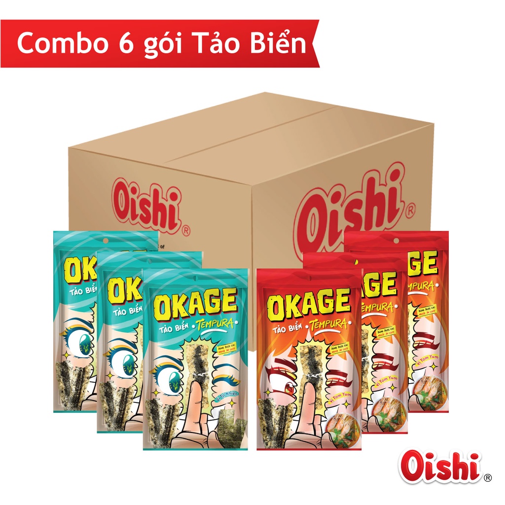 Combo 6 gói Oishi Tảo Biển Tempura 2 Vị (3 gói Tự Nhiên + 3 gói Vị Tom Yum) (22gr/ gói)
