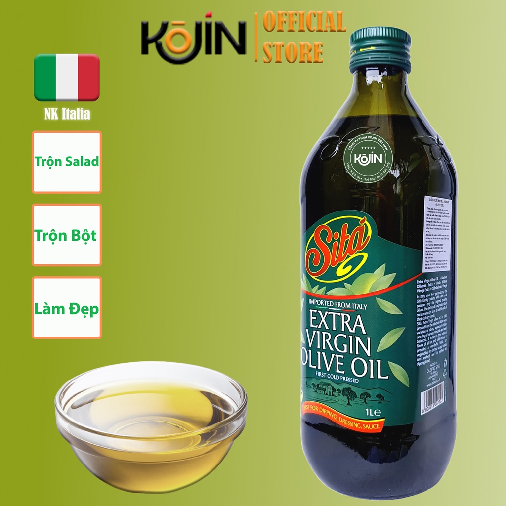 Dầu Olive Extra Virgin Kojin Dầu Oliu Ép Lạnh Italia 100% Siêu Nguyên Chất Chai Thủy Tinh 1L Hàng Mới