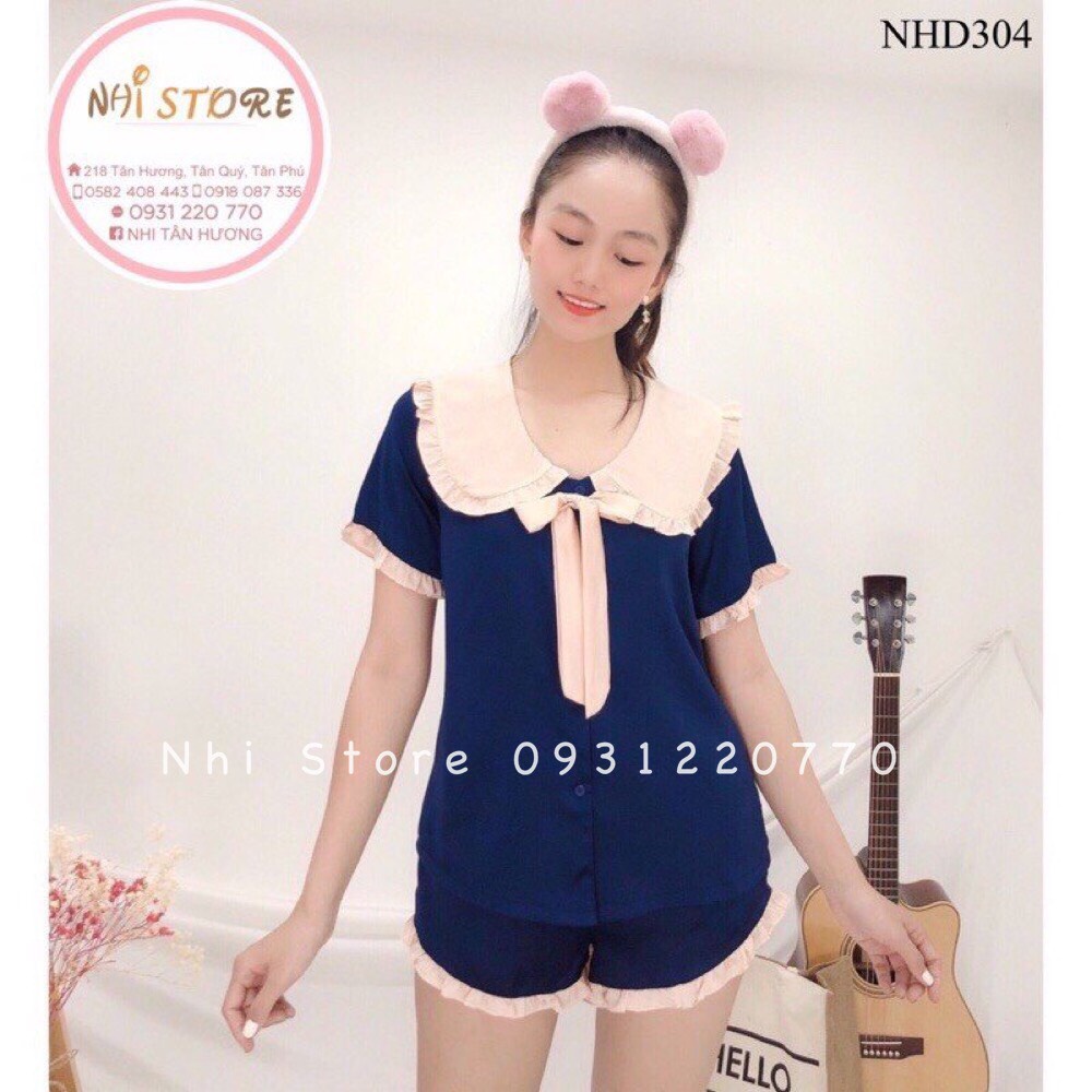 [FREESHIP 50K] Bộ lụa Pijama NHISTORE Bộ Quần Ngắn Tay Ngăn Cổ Phối Bèo Nơ Dễ Thương Freesize 45-58kg