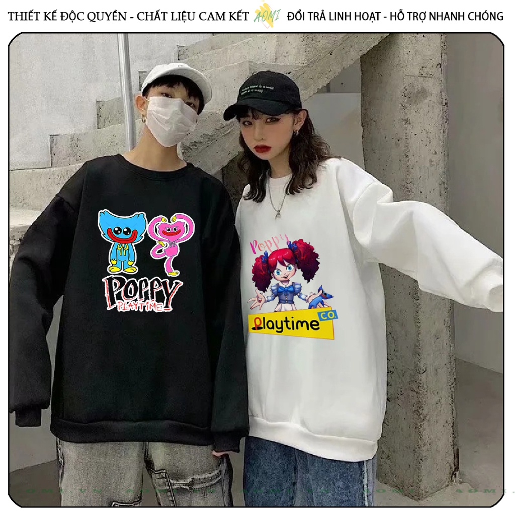 Áo Nỉ Bông Sweater Poppy Playtime Huggy Wuggy tay dài da cá unisex full size AOMIVN