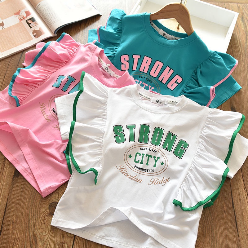 Áo Thun Cotton Ngắn Tay In Chữ Thiết Kế Xinh Xắn Cho Bé Gái