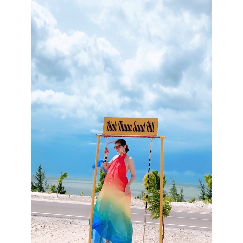 [🌈HÀNG SẴN] Váy maxi voan suông cổ yếm phối màu cầu vòng xanh vàng đỏ siêu hot độc quyền tại shop | BigBuy360 - bigbuy360.vn