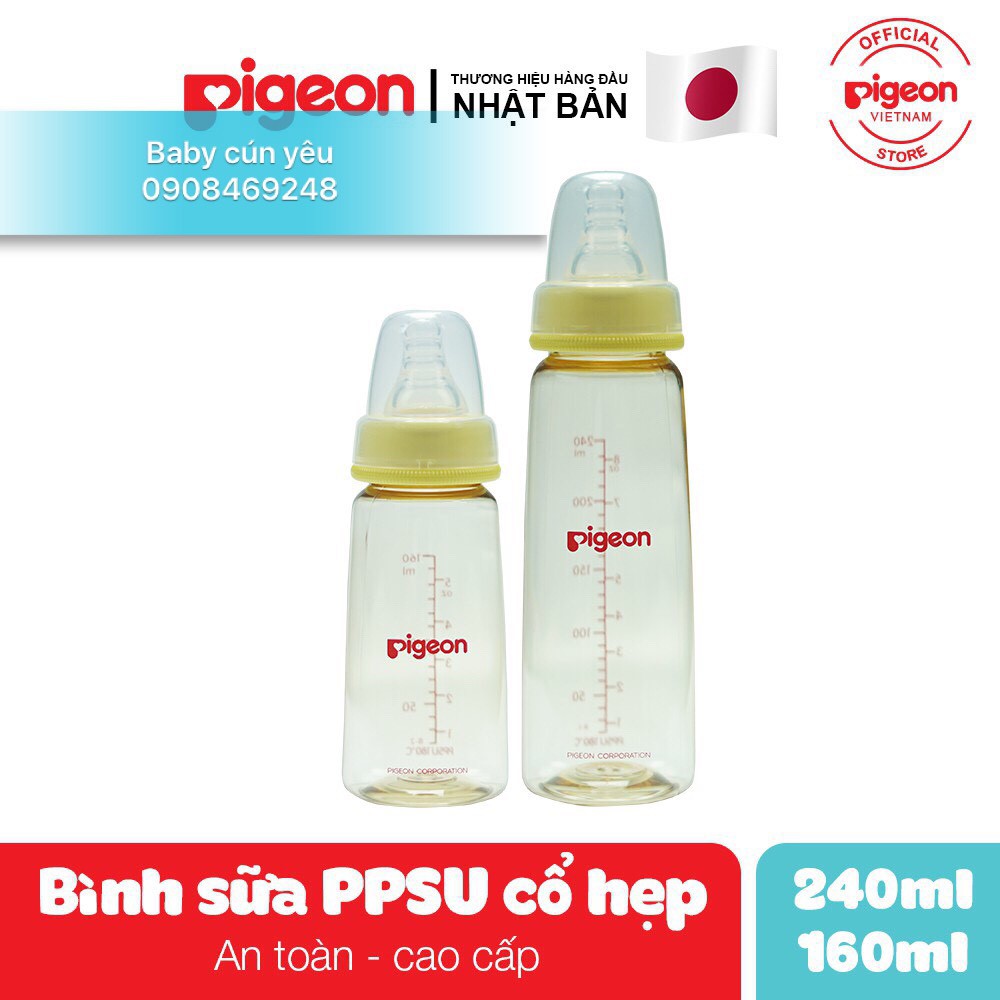 [CHÍNH HÃNG] Bình sữa PPSU Cổ hẹp Pigeon 160ml- 240ml