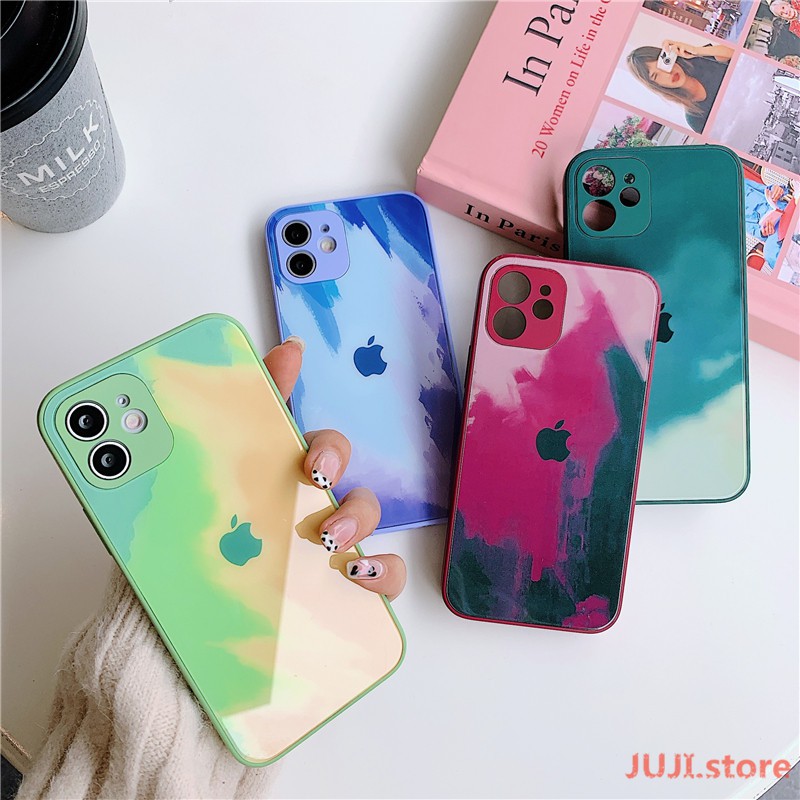 Original New Liquid Silicone Tempered Glass Watercolor iPhone 12 11 Pro Max X XS 7 8 Plus Max Official Phone Case All-inclusive Lens Protection 9H Hard Anti-drop Back Cover