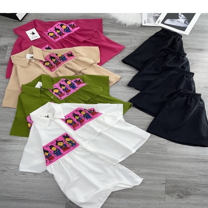 Set Bộ Đùi Áo Sơ Mi Lệch Tà Phối Quần Lưng Thun ❤️free ship❤️