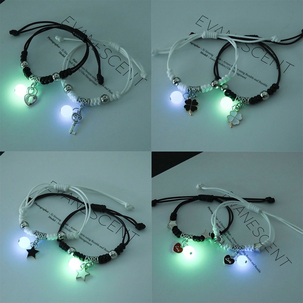 Set 2 vòng tay dây bện tình bạn nam châm dạ quang có thể điều chỉnh