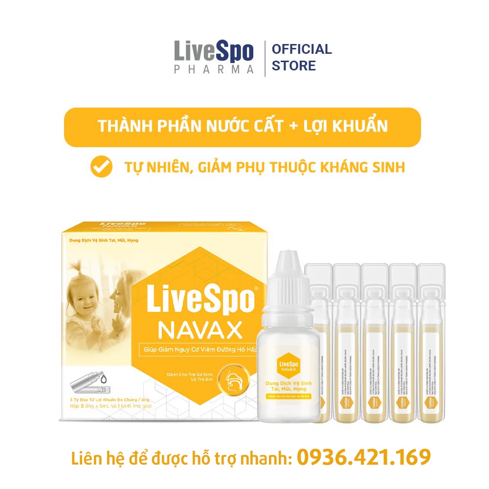 [Mua 3 tặng 1] Combo 3 Nhỏ mũi Nước muối sinh lý bào tử lợi khuẩn LiveSpo Navax sơ sinh giảm viêm mũi - Hộp 5 ống x 5ml