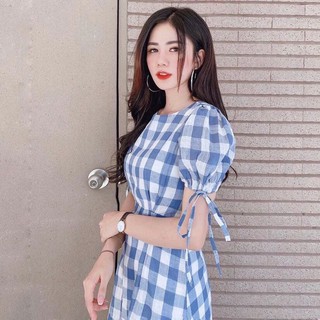 Đầm váy freesize caro xanh tay bo