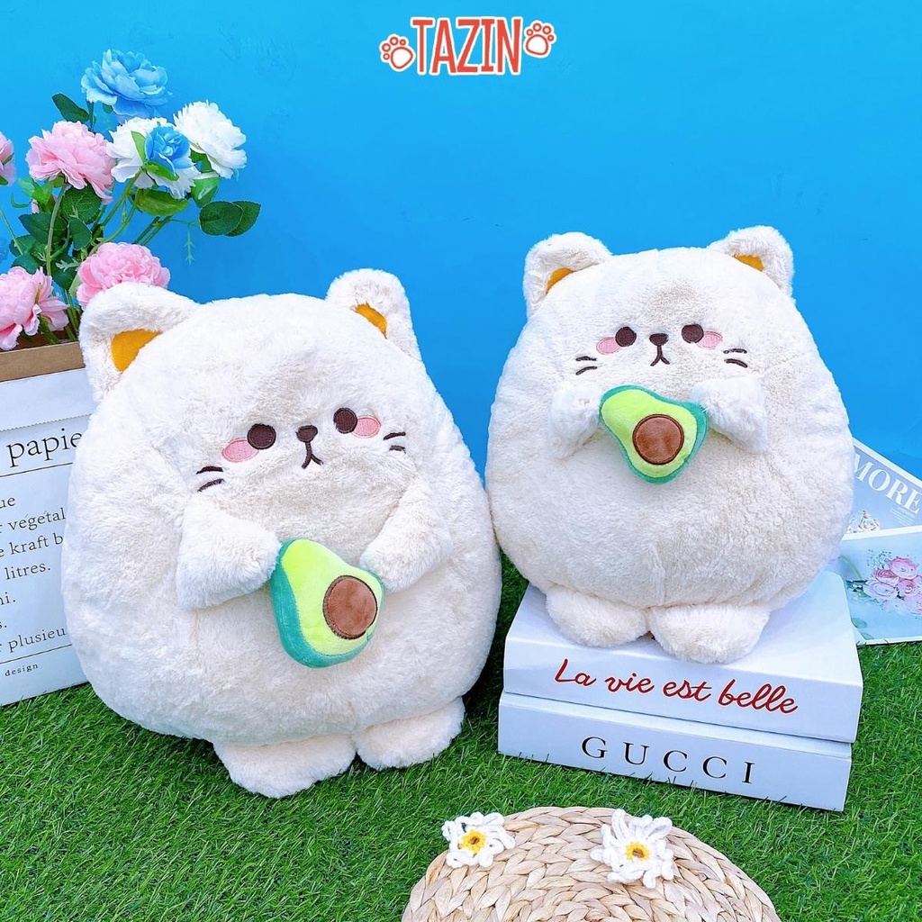 Gấu Bông Mèo Ôm Quả Bơ Cute, Chất Vải Nhung Và Bông Gòn Cao Cấp Tazin