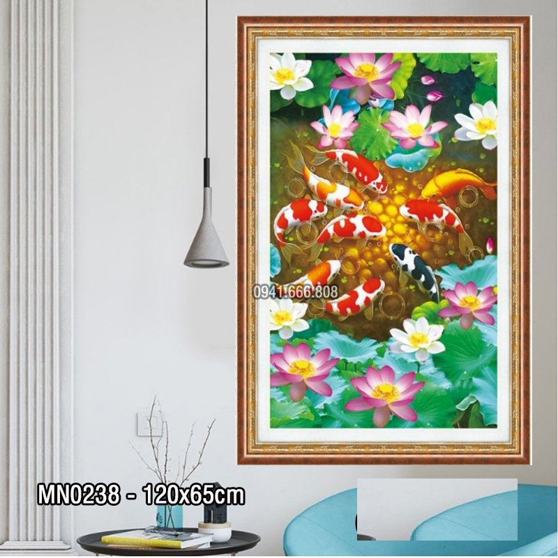 Tranh thêu kín cá hoa sen KT:120x65cm,tranh chưa thêu,tặng kéo và xỏ chỉ.