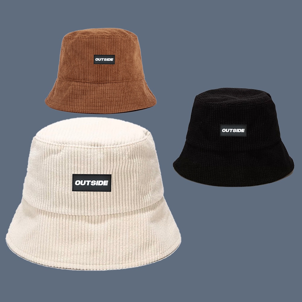 Nón bucket nhung gân vành cụp thêu logo brand outside , mũ bucket nhung thêu