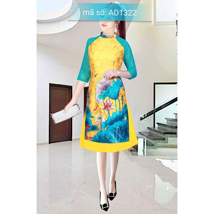 AD1322 Có size 2XL Set Áo Dài Cách Tân gấm cổ đứng in hoa sen nền vàng tay lỡ kèm váy vàng