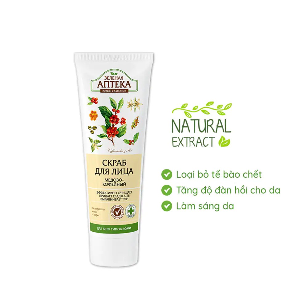 Tẩy da chết dành cho mặt chiết xuất mật ong và cà phê Zelenaya Apteka Face Scrub honey &amp; coffee 75ml