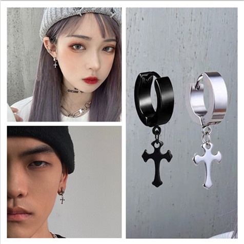 Hoa tai thép titan hình thánh giá thời trang punk cho cặp đôi