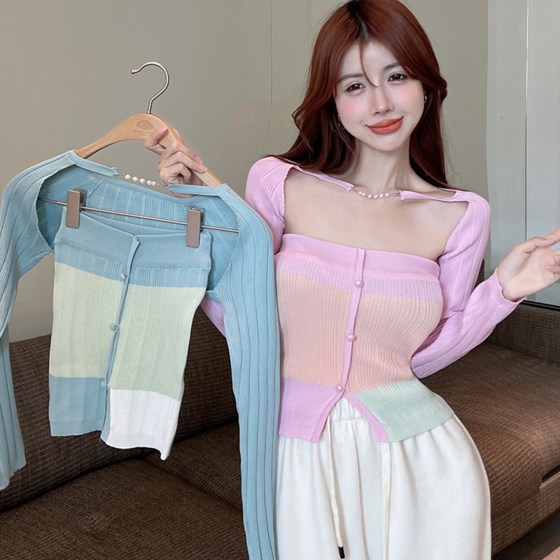 Bộ Áo Ống Màu Tương Phản + Khăn Choàng Lụa Dệt Kim Thời Trang Hàn Quốc Cho Nữ