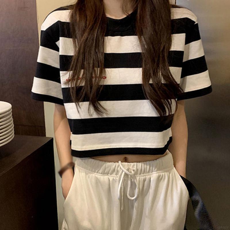Áo Thun Tay Ngắn Dáng Rộng Kẻ Sọc Ngang Trẻ Trung Phong Cách Hàn Quốc Cho Nữ