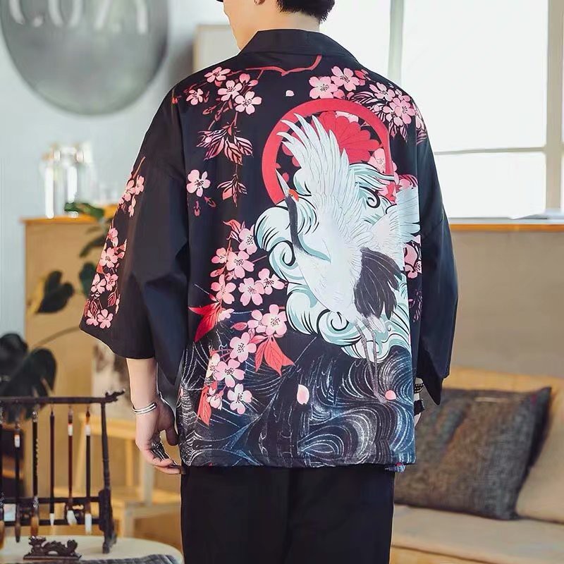 Áo Khoác kimono Tay Lỡ Họa Tiết Chim Hạc / Sóng Biển Phong Cách Nhật Bản Cho Nam Và Nữ