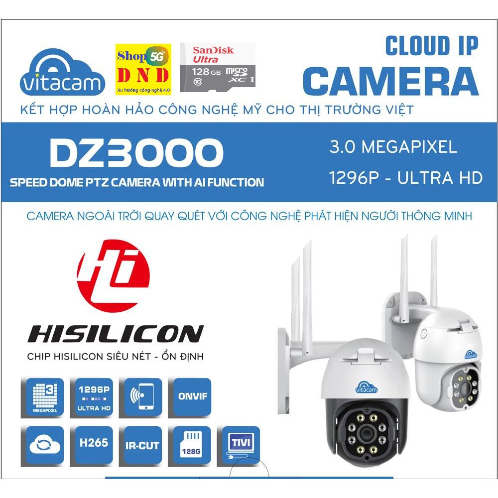Camera Vitacam DZ3000, PTZ Chống nước 3.0Mpx, 1296P UltraHD rõ nét. Chíp xử lý hình ảnh mạnh Hisilicon vs VB1088