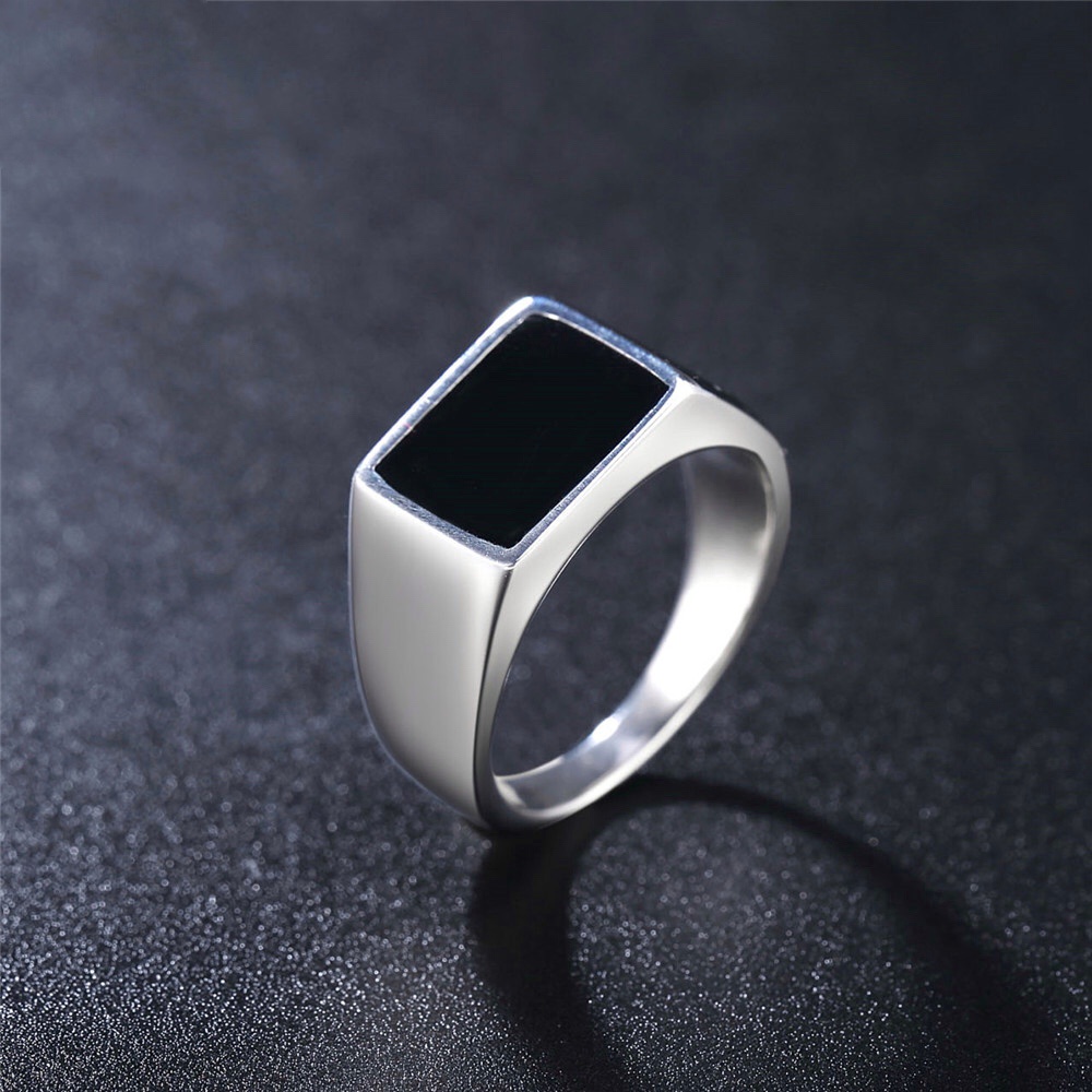 Nhẫn nam nữ tròn Unisex Merin Accesories màu bạc Thời trang chất liệu Titan đẹp đơn giản - Black Rectangle