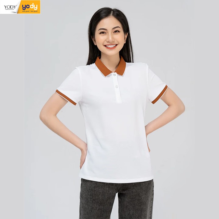 Áo polo YODY nữ cafe phối nẹp kiểu dáng đơn giản trẻ trung chất liệu cao cấp APN3700