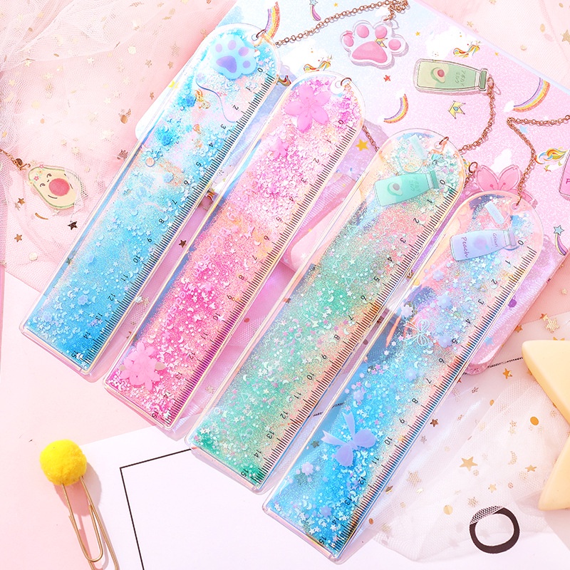 Thước kẻ kim tuyến lấp lánh nước chảy cute đa năng xếp hình phối cát lún 15 cm đính họa tiết anime dây xích đáng yêu