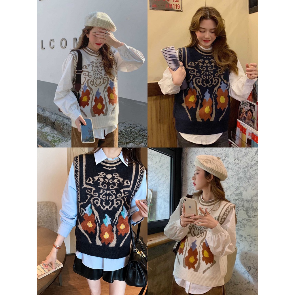 [ÁO SÁT NÁCH] Áo Gile Nữ Họa Tiết Thổ Cẩm, Áo Len Nữ Mix Cùng Sơ Mi Siêu Trendy | BigBuy360 - bigbuy360.vn