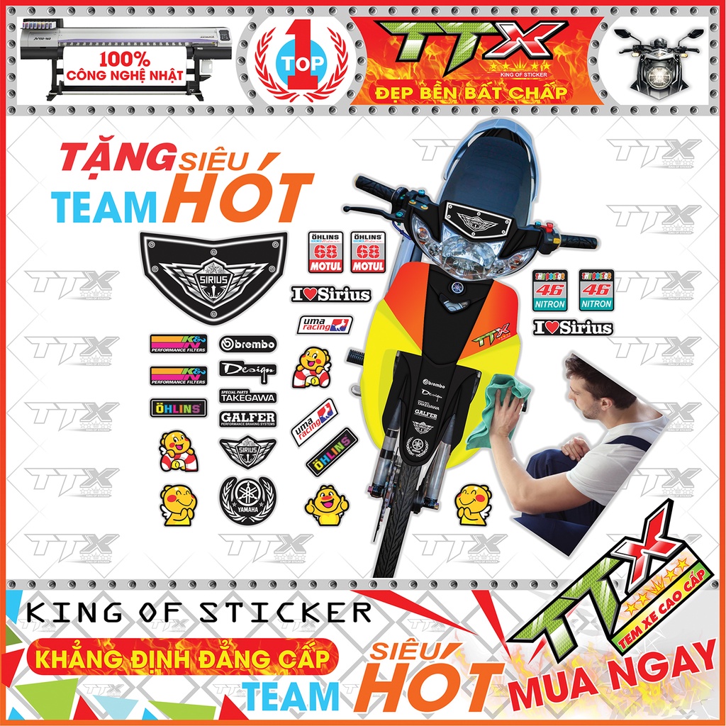 Tem Xe Sirius Trắng Xám Đen - Tem Dán Xe Sirius Đen Trắng Xám Viền Chỉ Siêu Đẹp - Mẫu Tem Rời Sirius Trắng