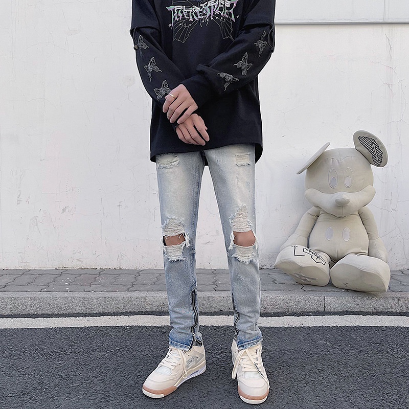Quần Jeans Rách Gối Có khóa zip Siêu Ngầu, Quần Bò Rách Gối Phong Cách Đường Phố G620#