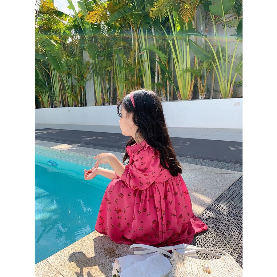 Váy dài tay mùa thu họa tiết hồng cực xinh cho bé gái size nhỡ size đại T03