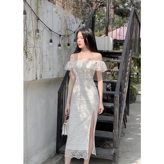 Váy ren trễ vai sẻ đùi