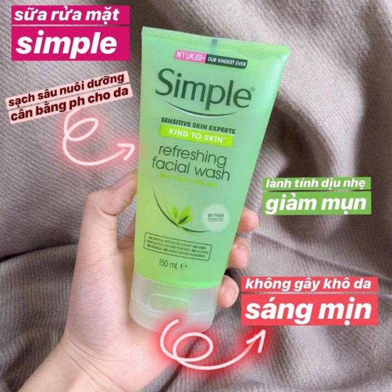 Combo Nước hoa hồng không cồn Simple - sữa rửa mặt tạo bọt, tẩy trang dịu nhẹ - sữa dưỡng ẩm Simple made in UK